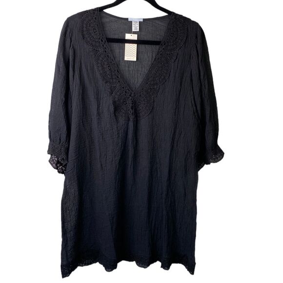 Eberjey Sol Celeste Short Sleeve V-Neck Lace Tunic Swim Coverup Gauze Oversized - Picture 3 of 15